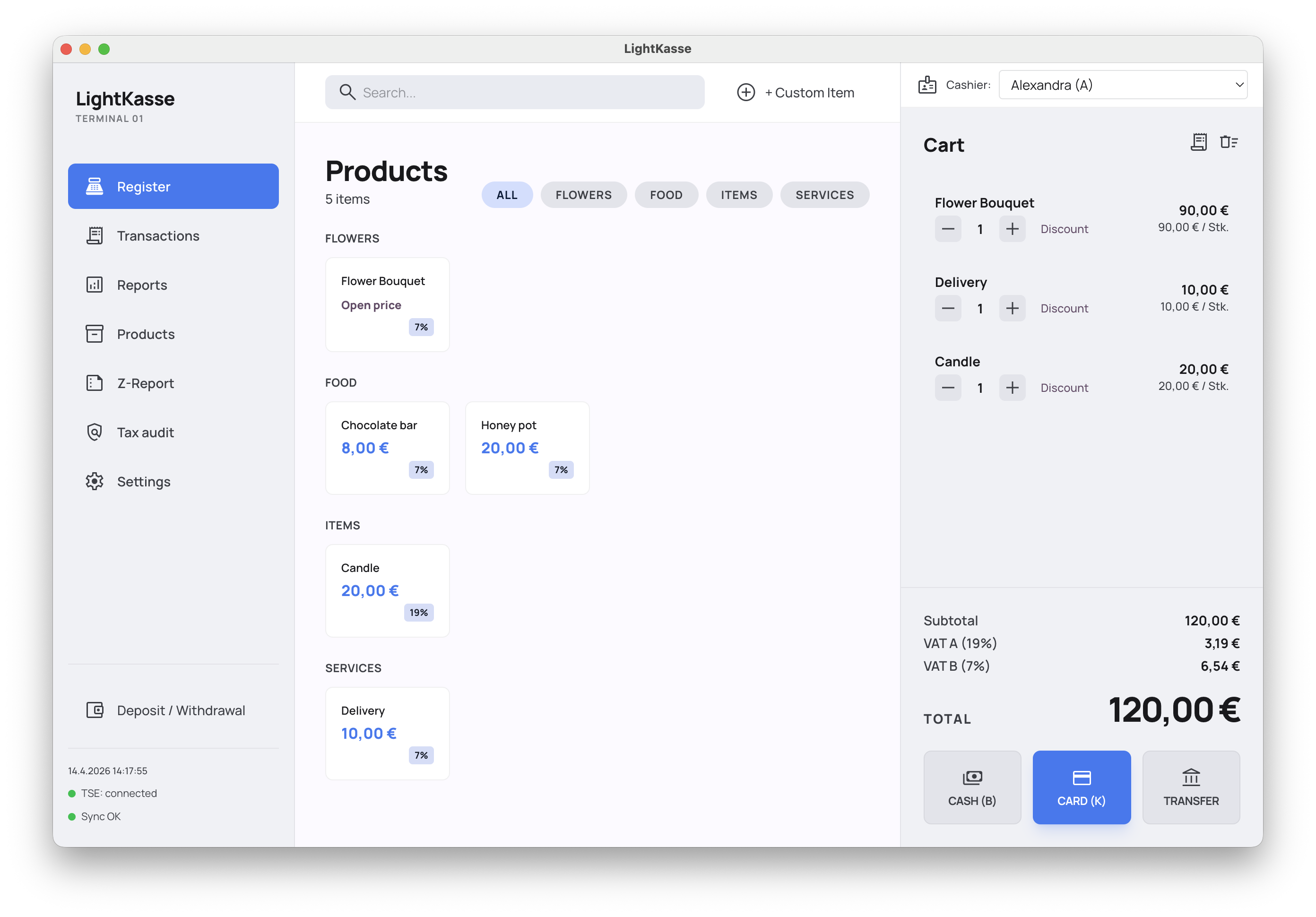 LiteKasse running on macOS — POS screen with cart, products and total